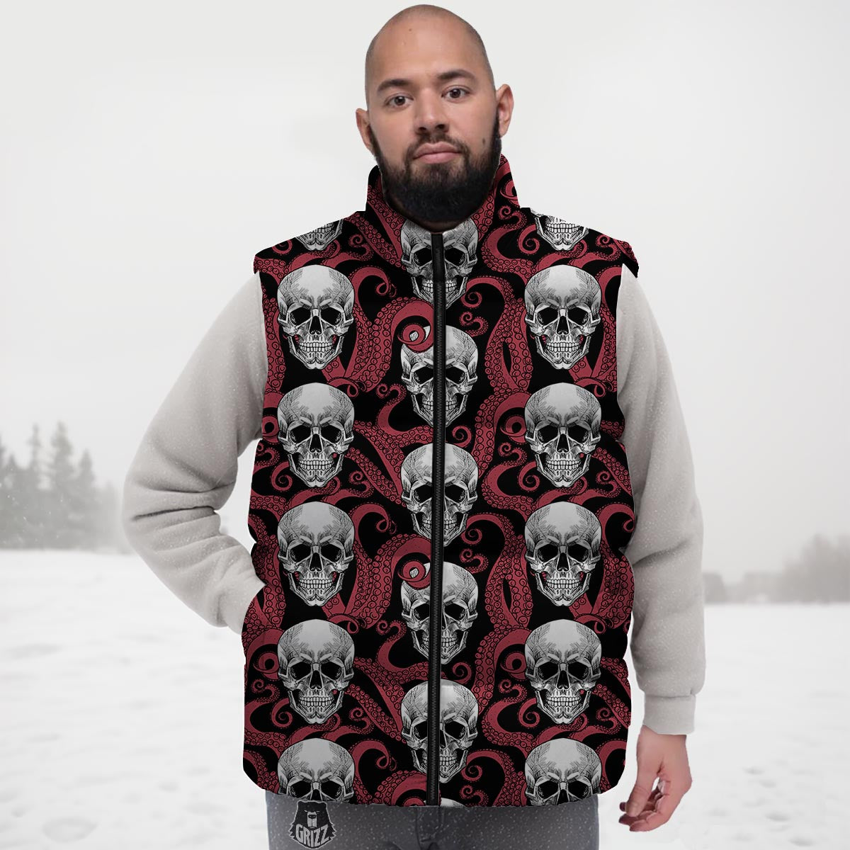 Octopus Skull Red Print Pattern Down Vest