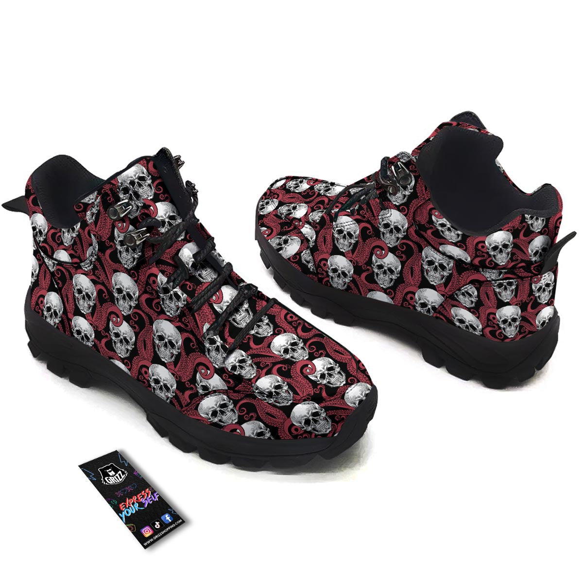 Octopus Skull Red Print Pattern Hiking Shoes-grizzshop