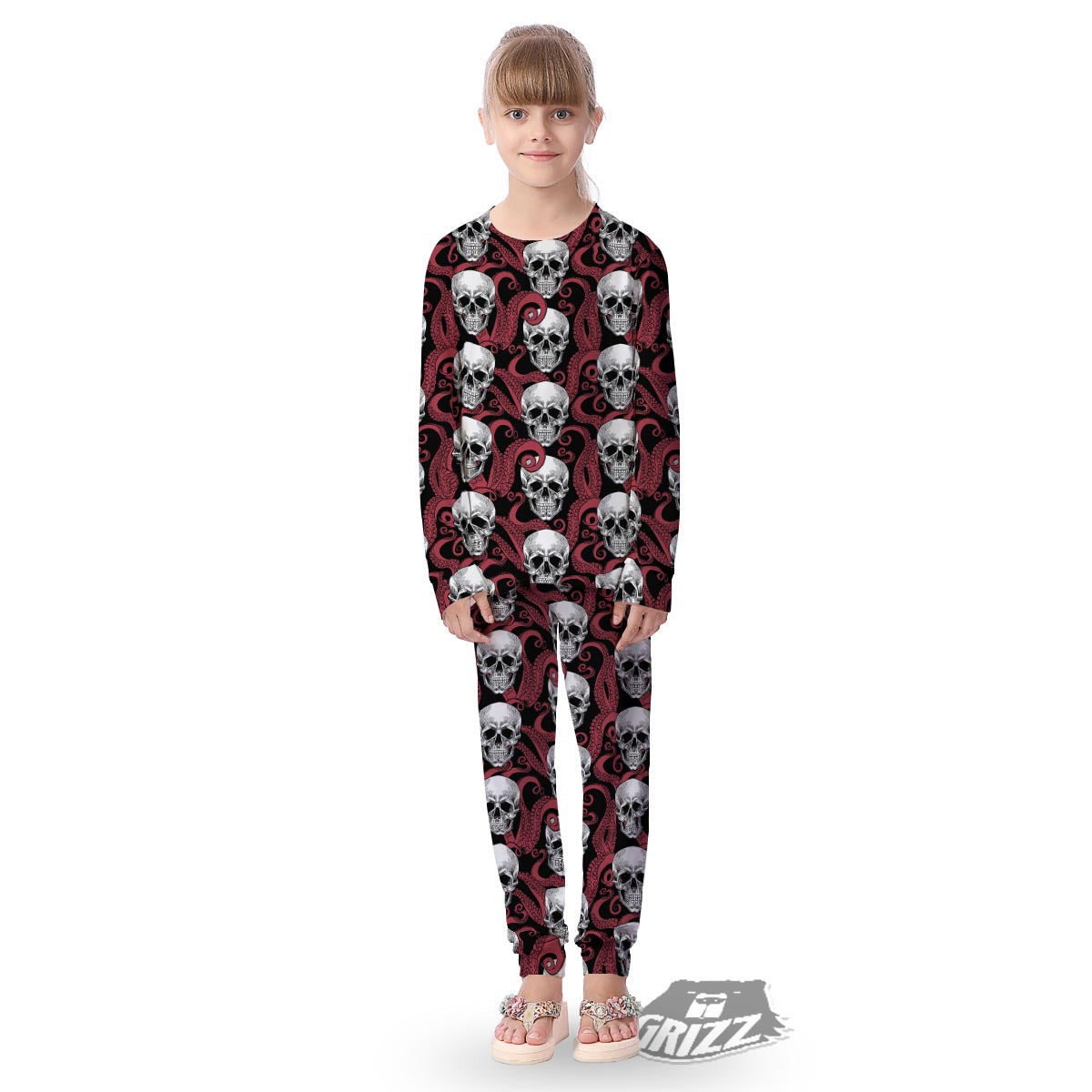 Octopus Skull Red Print Pattern Kid's Pajamas-grizzshop