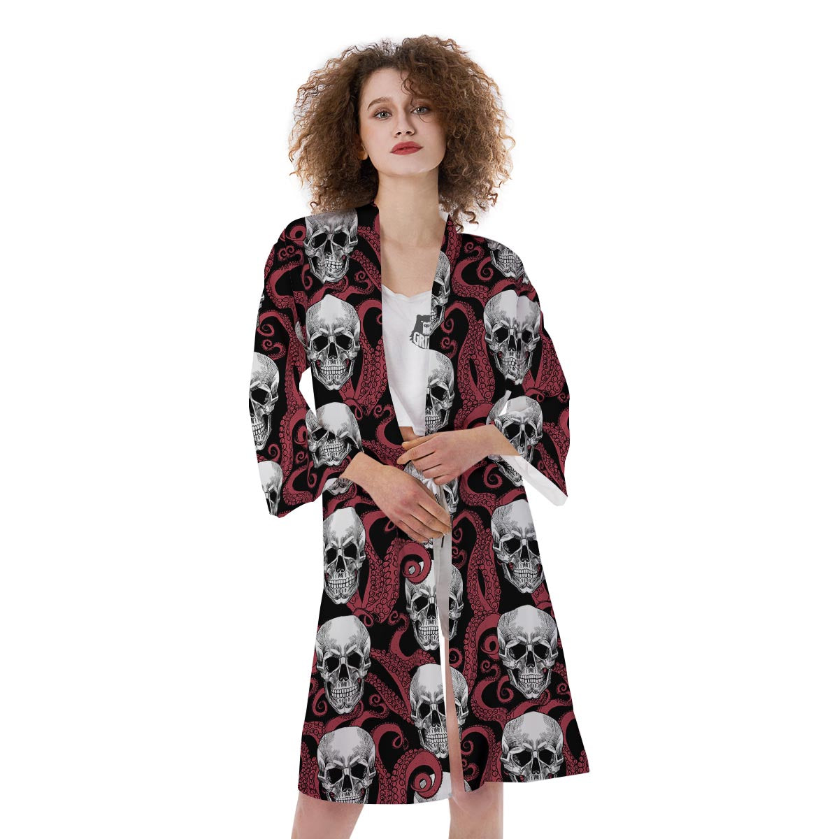 Octopus Skull Red Print Pattern Kimono-grizzshop