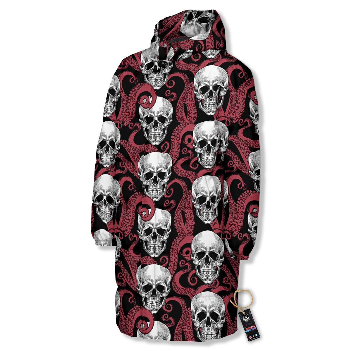 Octopus Skull Red Print Pattern Long Down Jacket-grizzshop