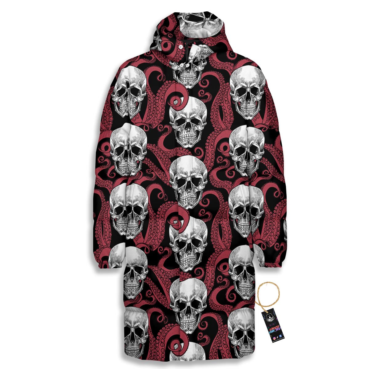 Octopus Skull Red Print Pattern Long Down Jacket-grizzshop