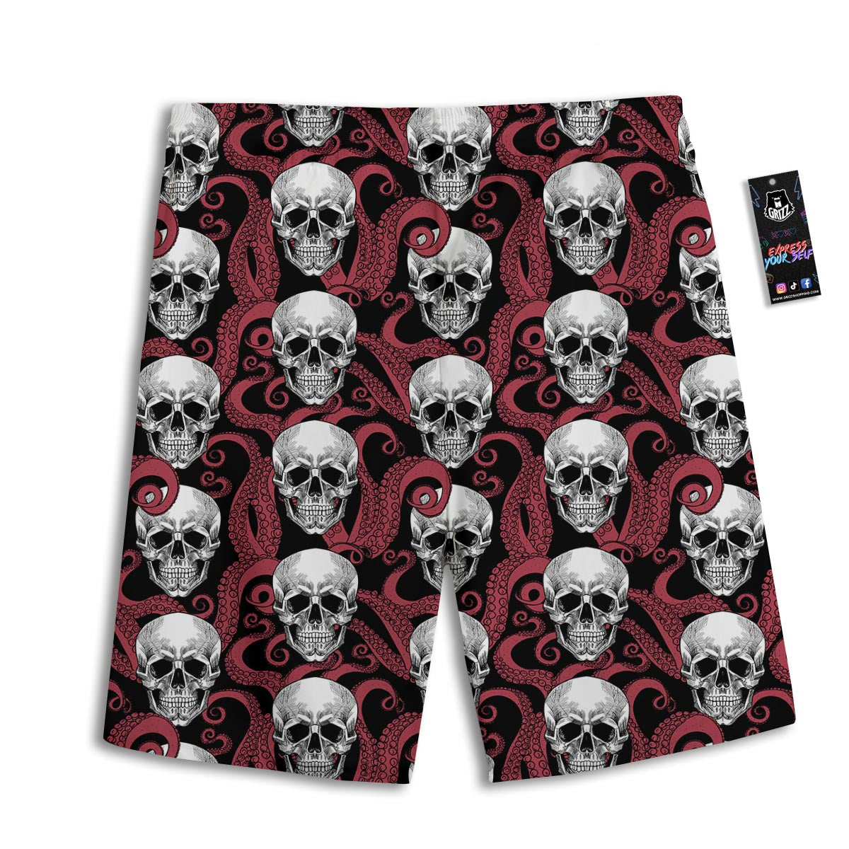 Octopus Skull Red Print Pattern Men's Athletic Shorts