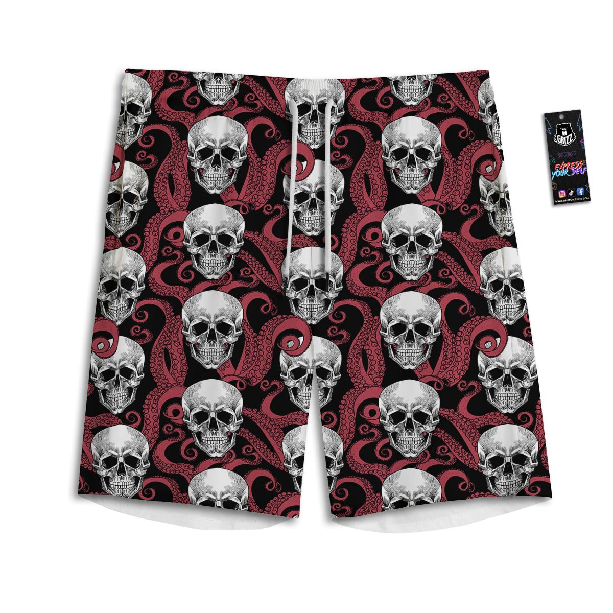 Octopus Skull Red Print Pattern Men's Athletic Shorts