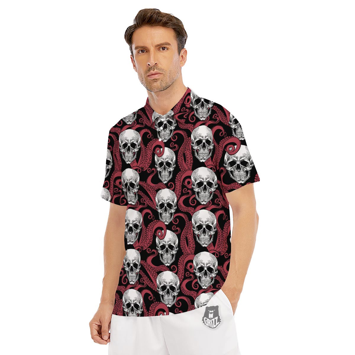 Octopus Skull Red Print Pattern Men's Golf Shirts-grizzshop