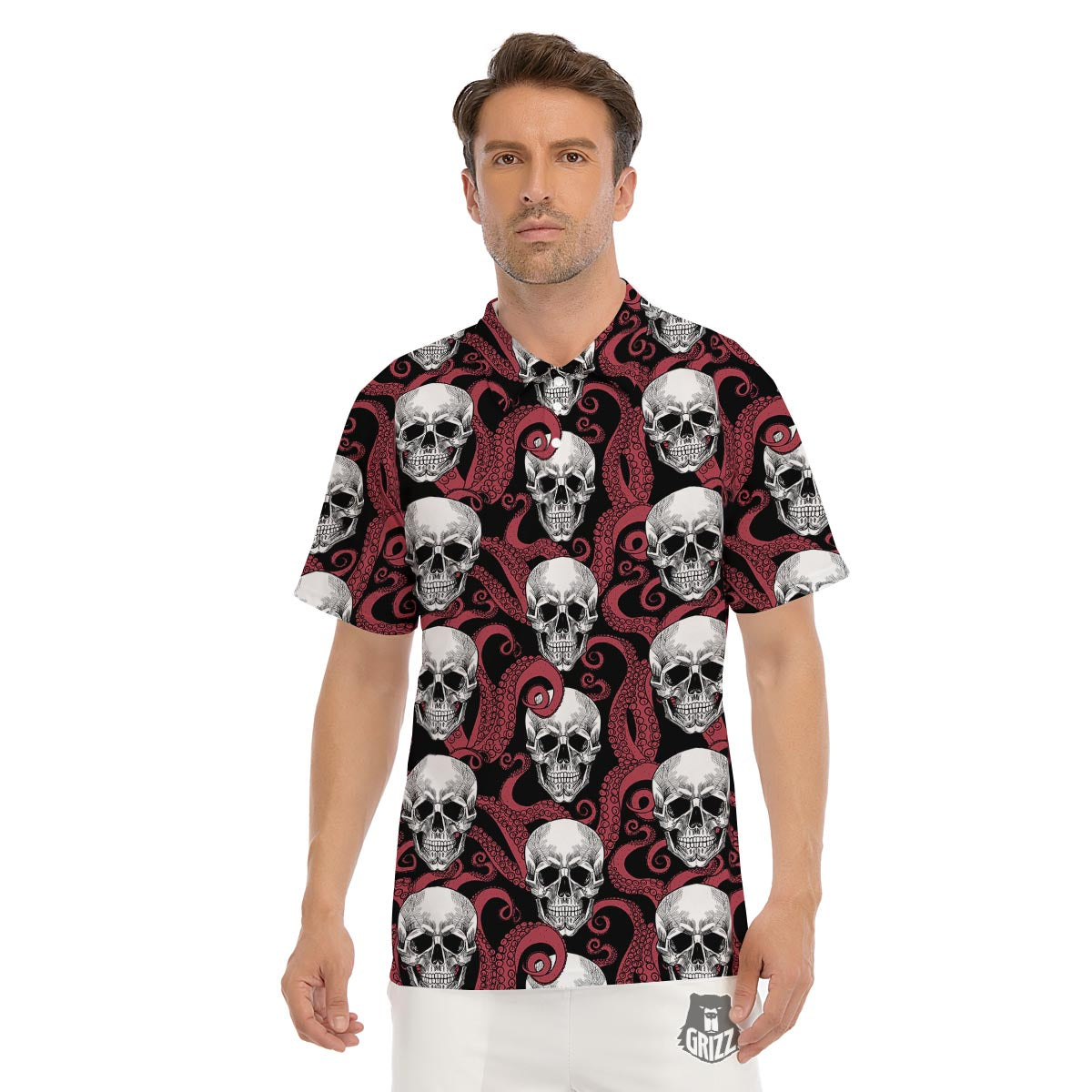 Octopus Skull Red Print Pattern Men's Golf Shirts-grizzshop