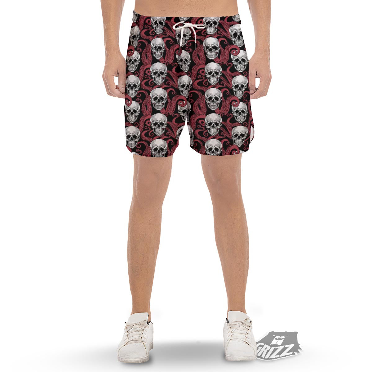 Octopus Skull Red Print Pattern Men's Gym Shorts-grizzshop
