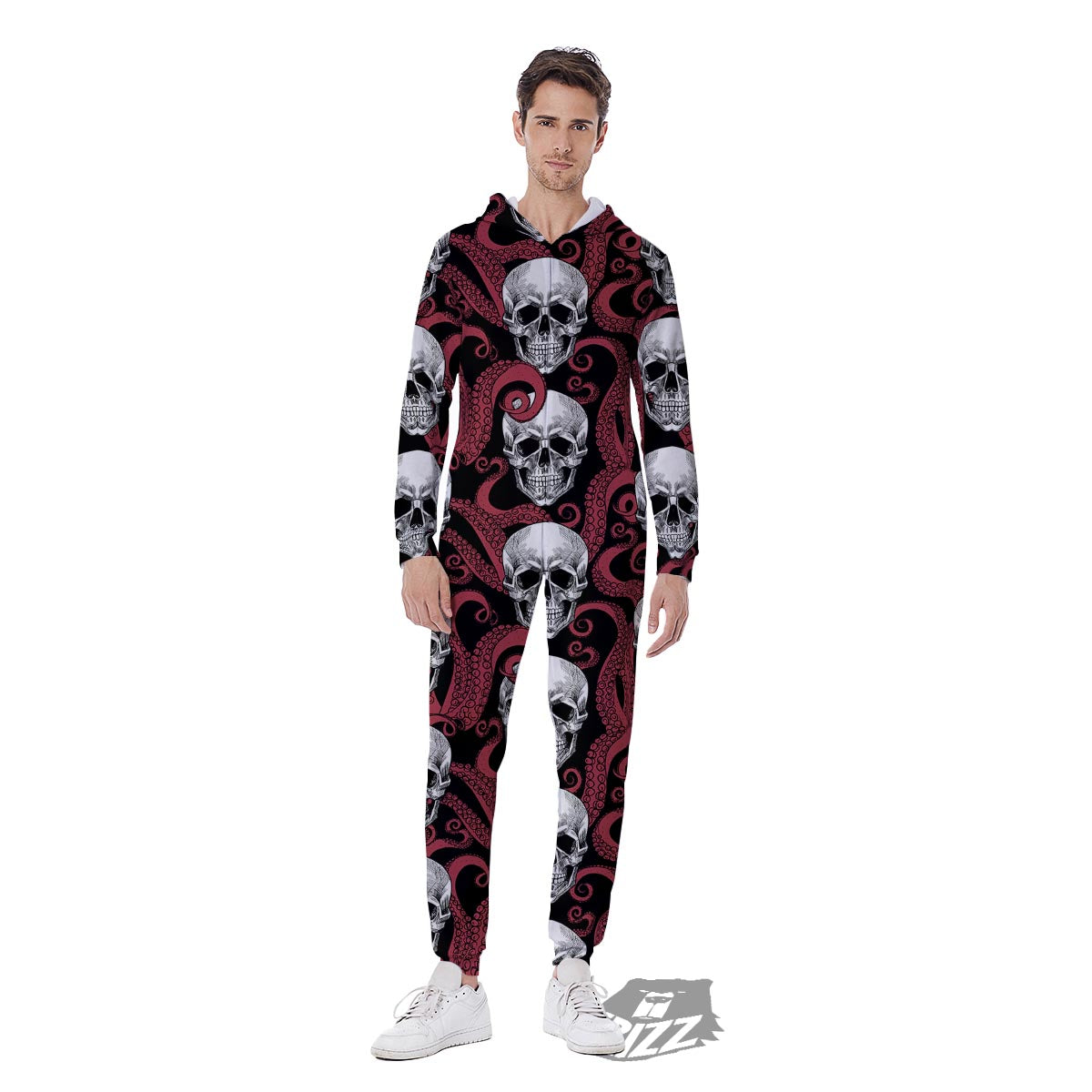 Octopus Skull Red Print Pattern Men's Jumpsuit-grizzshop