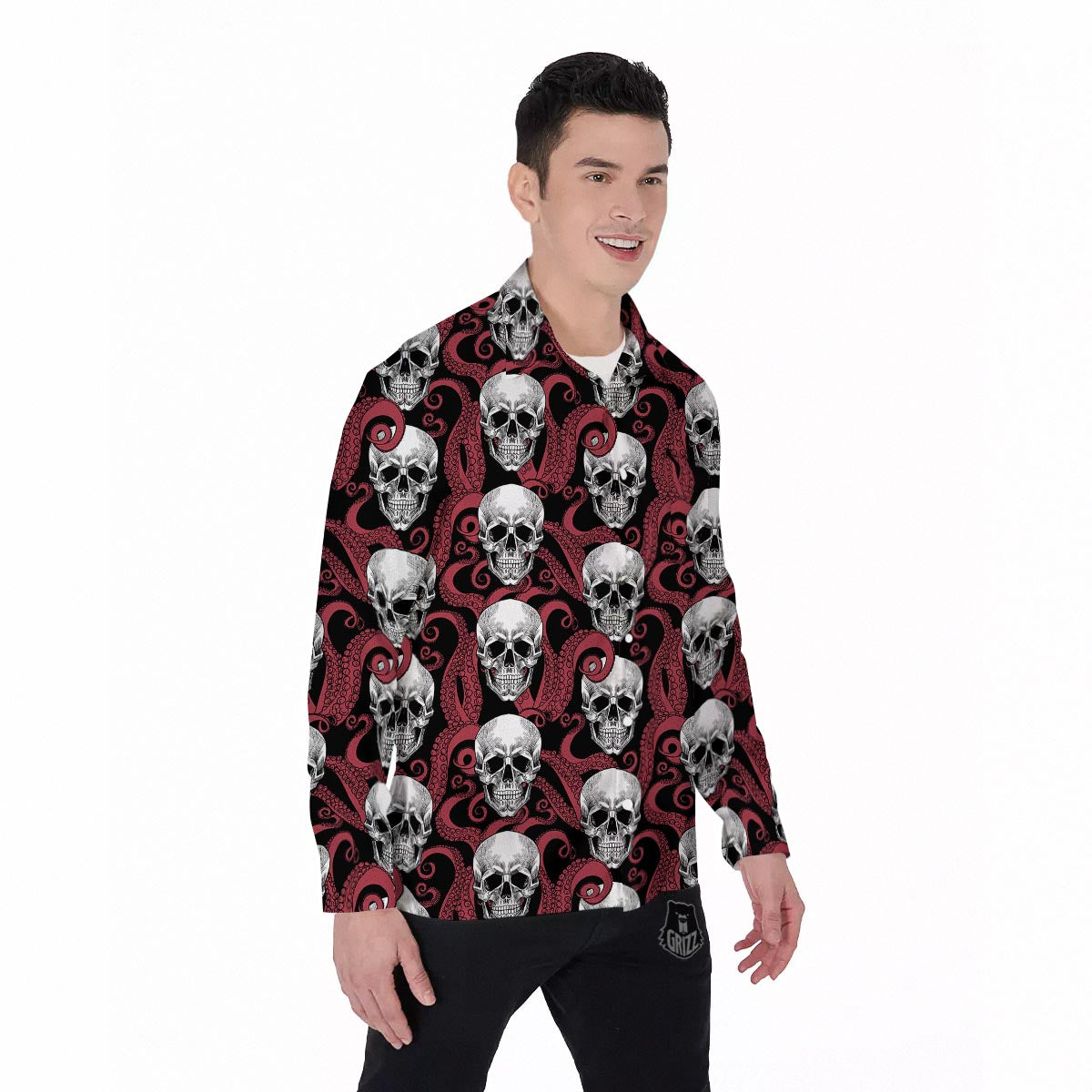 Octopus Skull Red Print Pattern Men's Long Sleeve Shirts-grizzshop