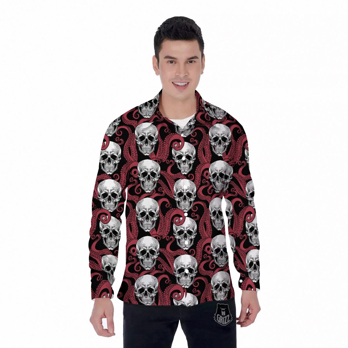 Octopus Skull Red Print Pattern Men's Long Sleeve Shirts-grizzshop