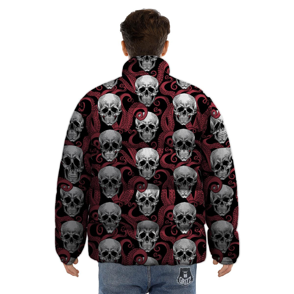 Octopus Skull Red Print Pattern Puffer Jacket-grizzshop