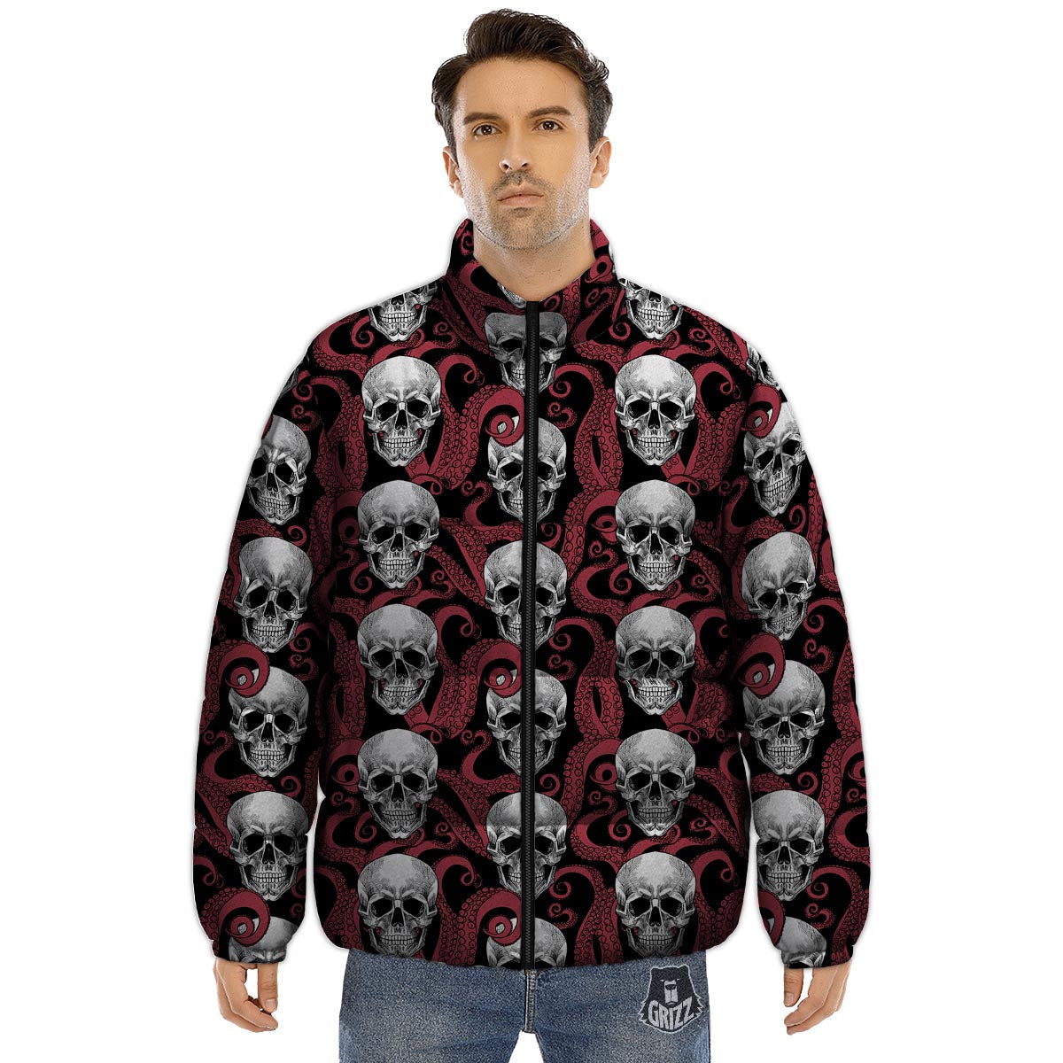 Octopus Skull Red Print Pattern Puffer Jacket-grizzshop