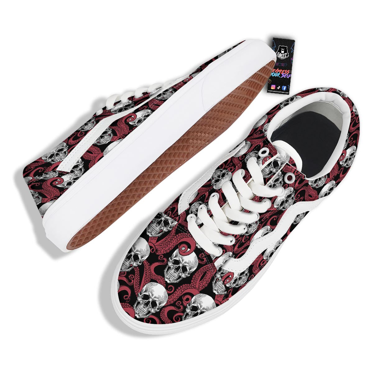 Octopus Skull Red Print Pattern Skate Shoes-grizzshop
