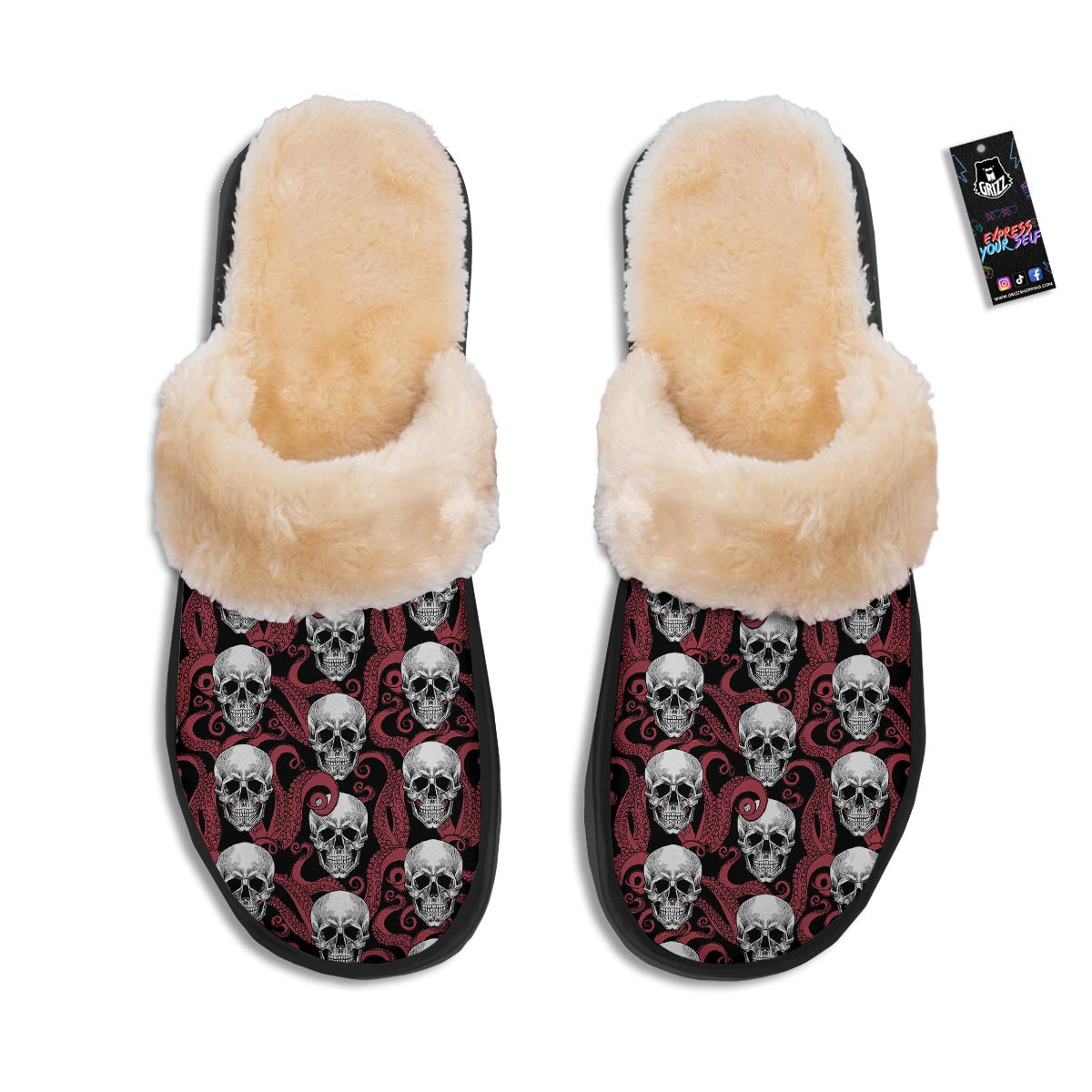 Octopus Skull Red Print Pattern Slippers-grizzshop