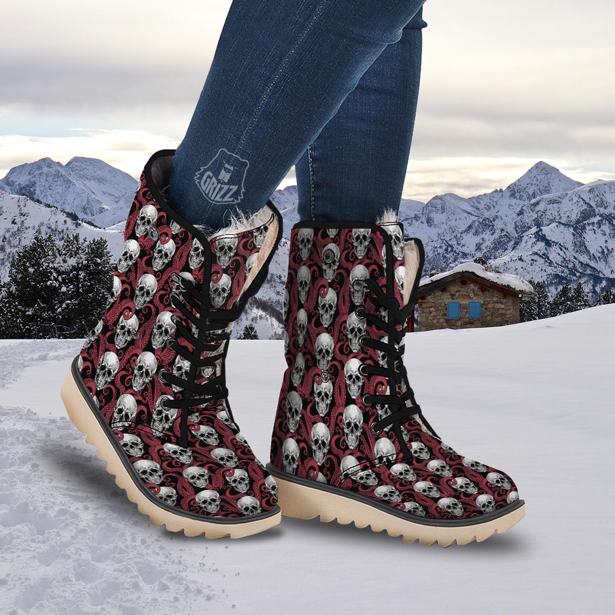 Octopus Skull Red Print Pattern Snow Boots-grizzshop