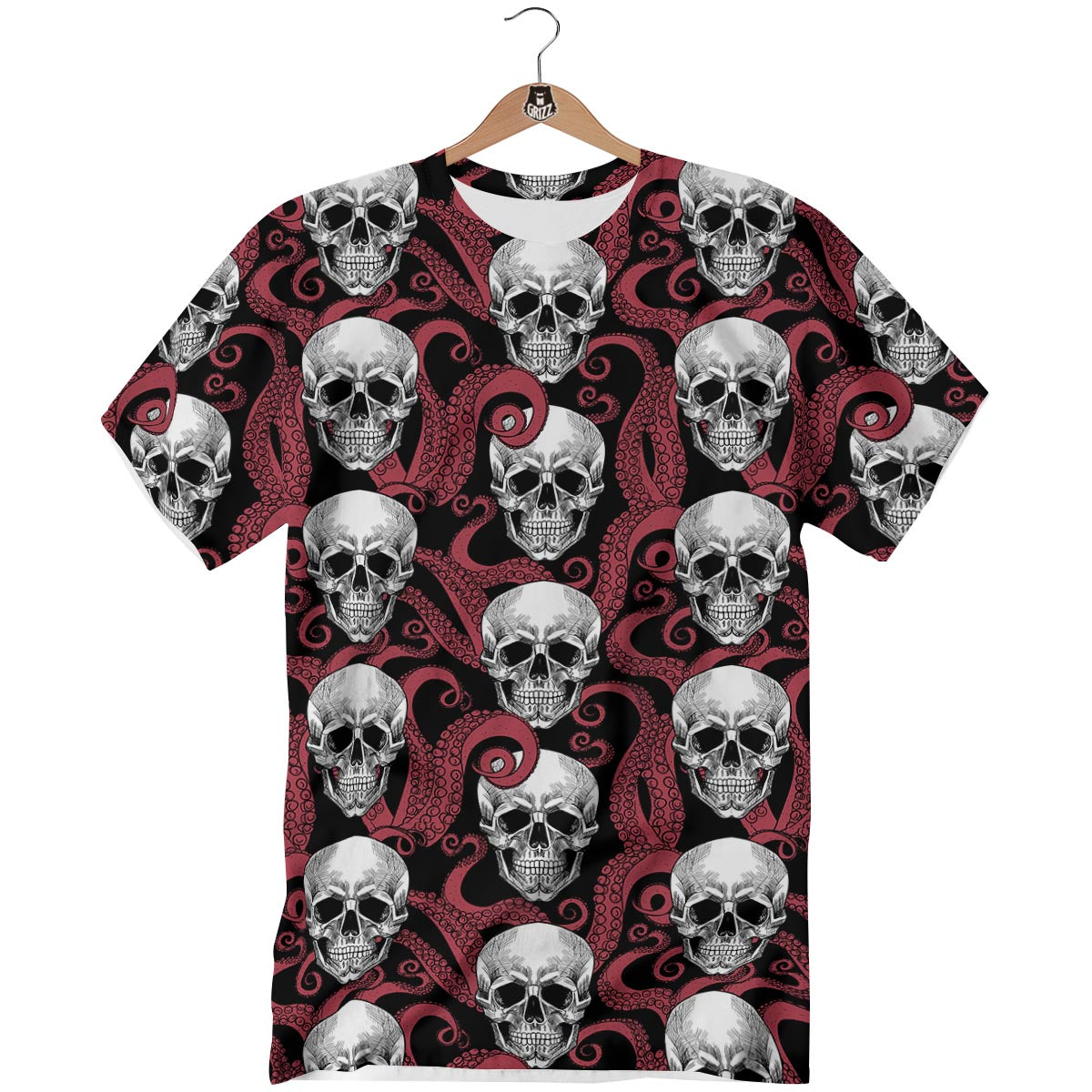 Octopus Skull Red Print Pattern T-Shirt-grizzshop