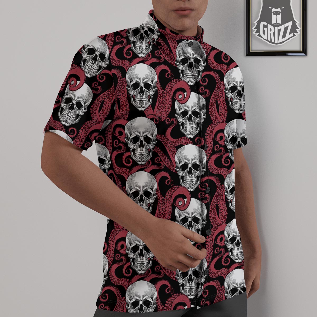 Octopus Skull Red Print Pattern Untucked Shirts-grizzshop