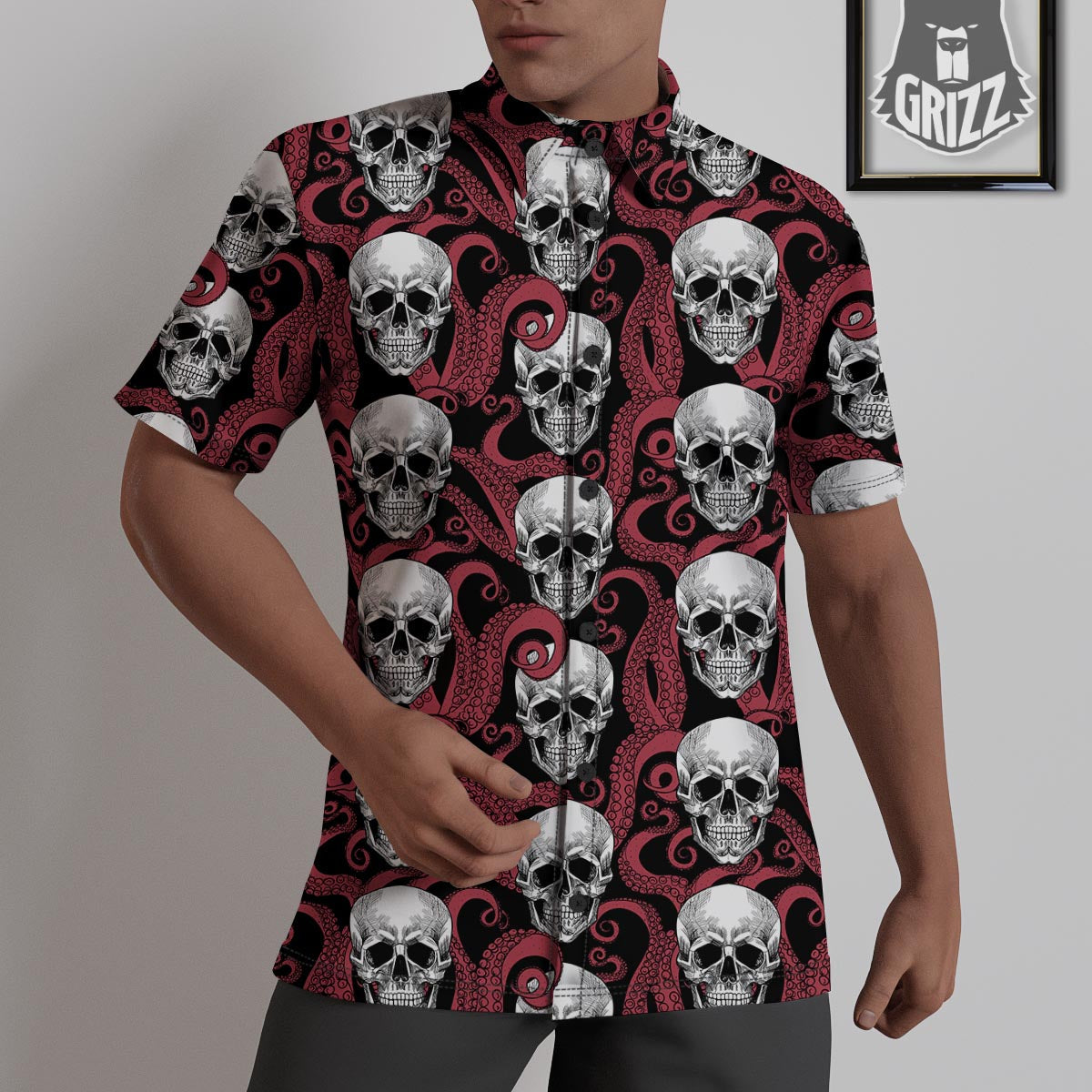 Octopus Skull Red Print Pattern Untucked Shirts-grizzshop