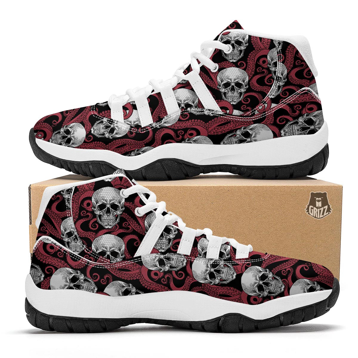 Octopus Skull Red Print Pattern White Bball Shoes-grizzshop