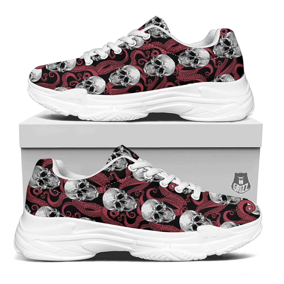 Octopus Skull Red Print Pattern White Chunky Shoes-grizzshop