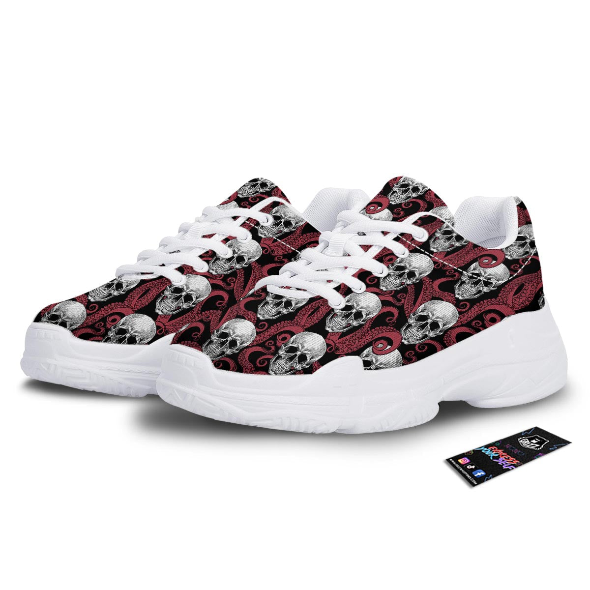 Octopus Skull Red Print Pattern White Chunky Shoes-grizzshop