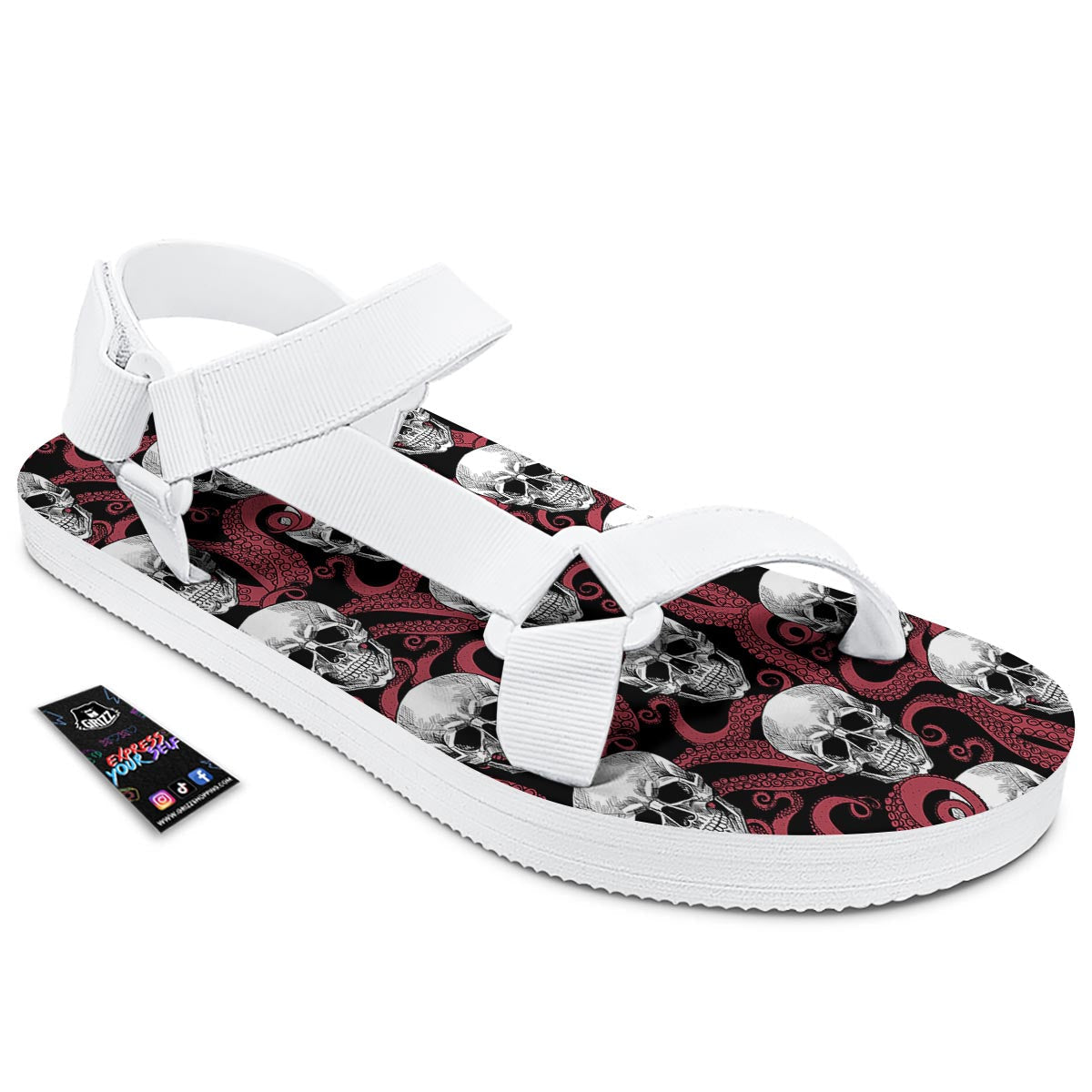 Octopus Skull Red Print Pattern White Open Toe Sandals-grizzshop