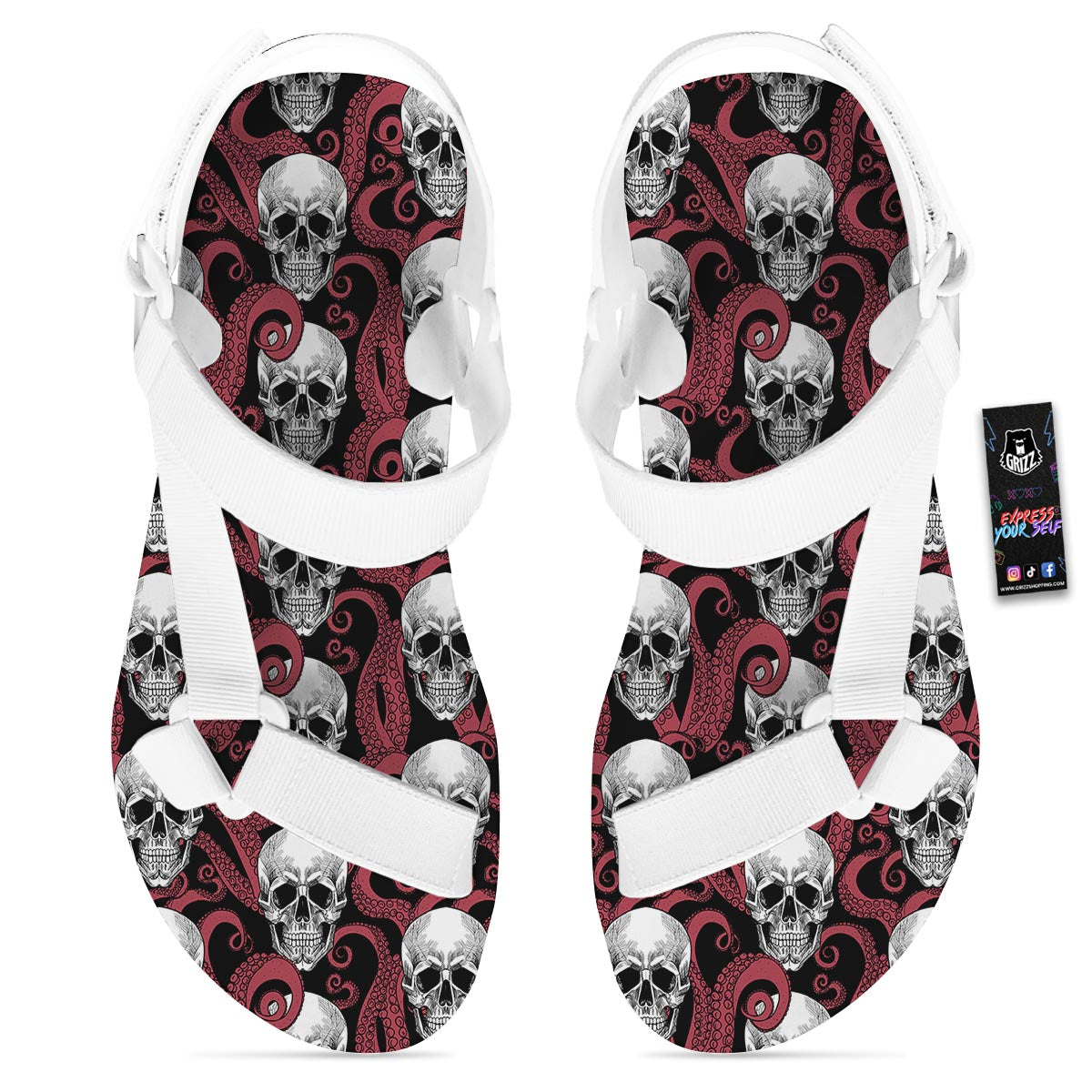 Octopus Skull Red Print Pattern White Open Toe Sandals-grizzshop