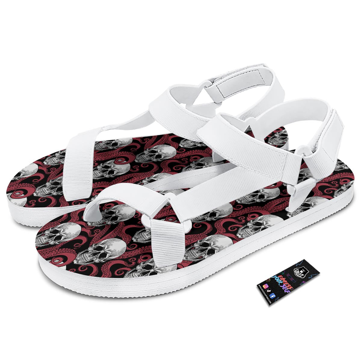 Octopus Skull Red Print Pattern White Open Toe Sandals-grizzshop