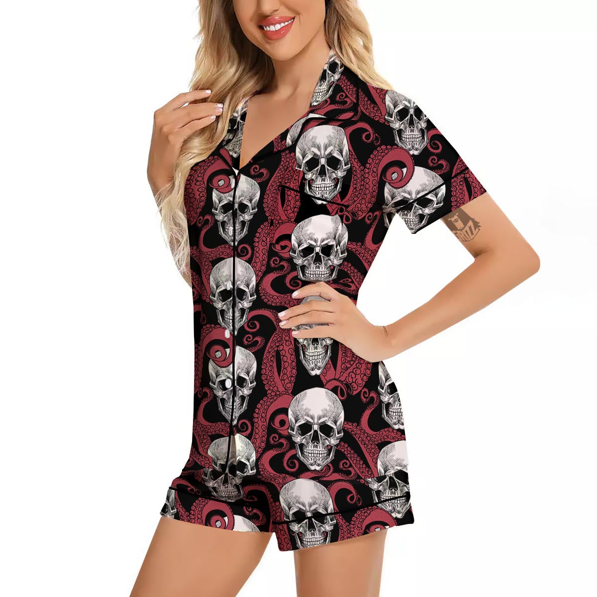Octopus Skull Red Print Pattern Women Silk Pajamas-grizzshop