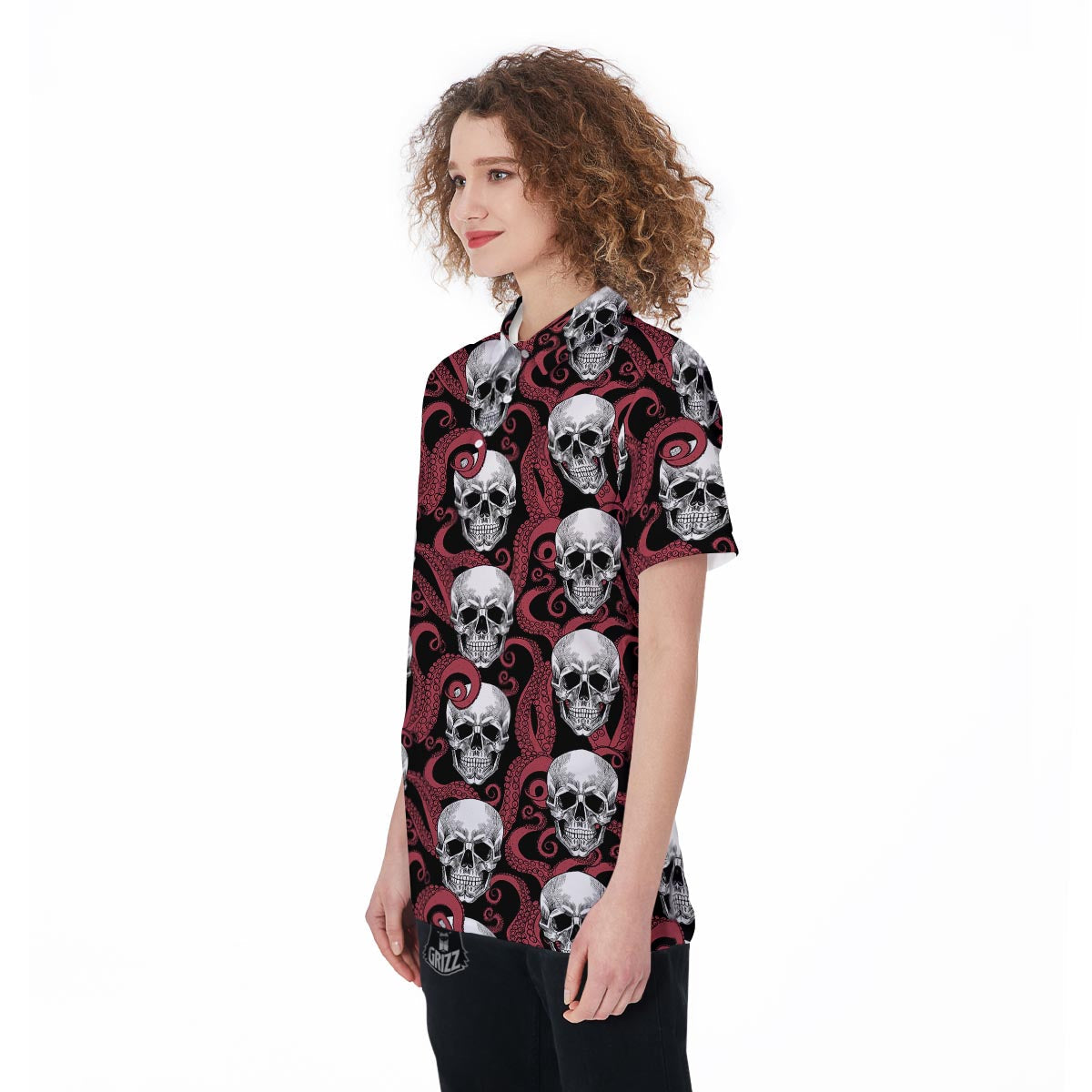 Octopus Skull Red Print Pattern Women's Golf Shirts-grizzshop