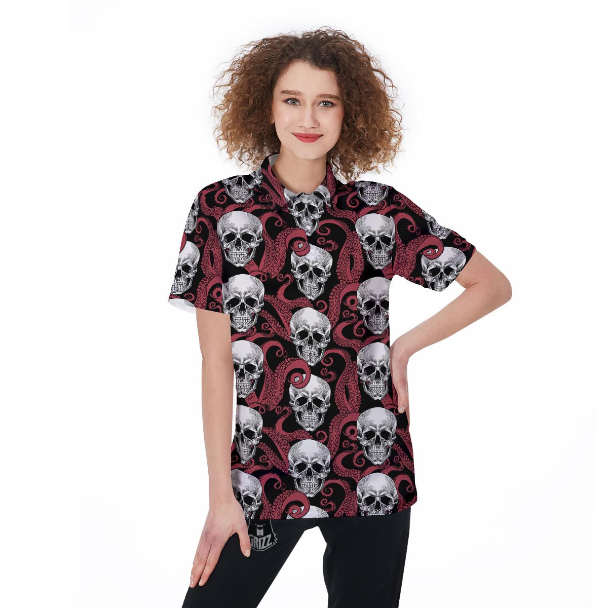 Octopus Skull Red Print Pattern Women's Golf Shirts-grizzshop