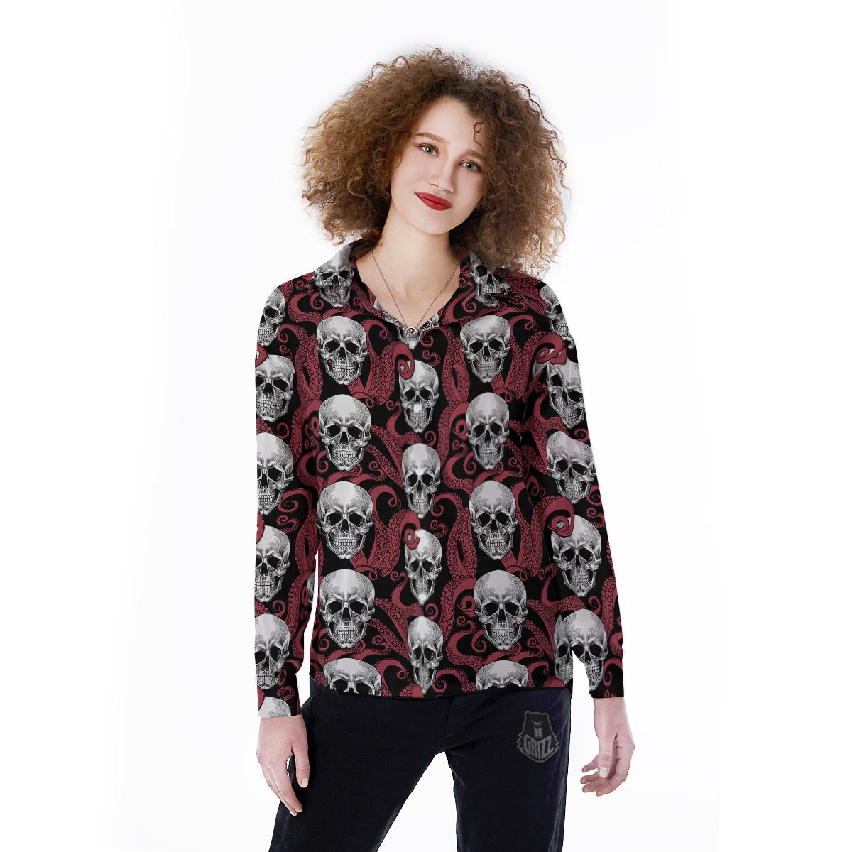 Octopus Skull Red Print Pattern Women's Long Sleeve Shirts-grizzshop