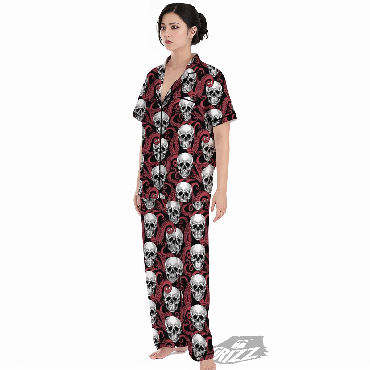 Octopus Skull Red Print Pattern Women's Pajamas Set-grizzshop