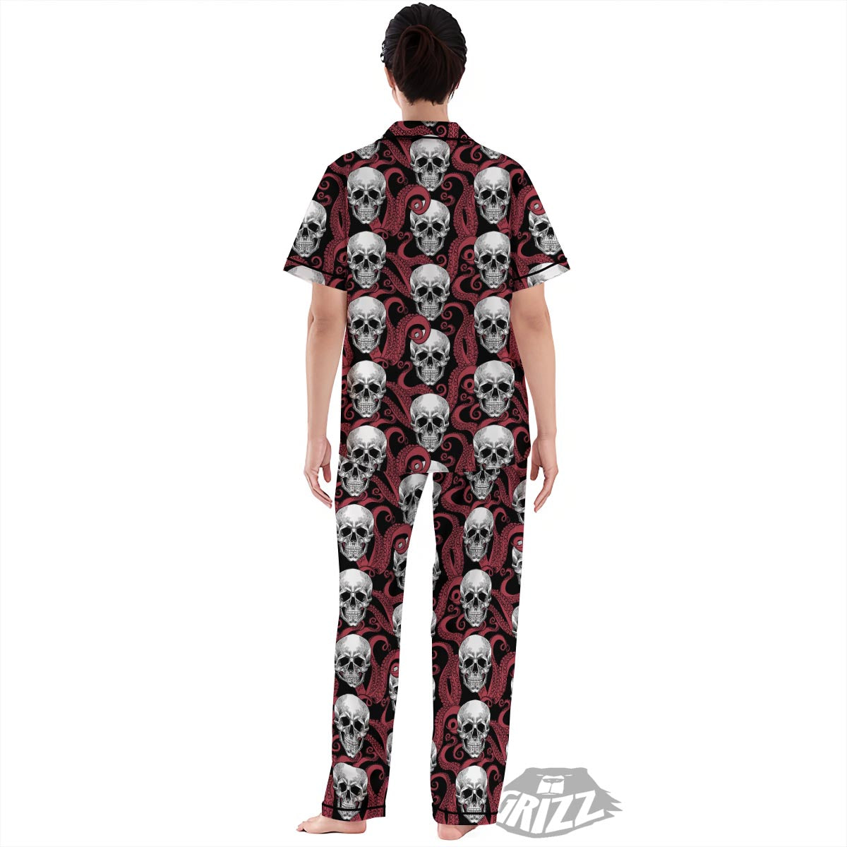 Octopus Skull Red Print Pattern Women's Pajamas Set-grizzshop