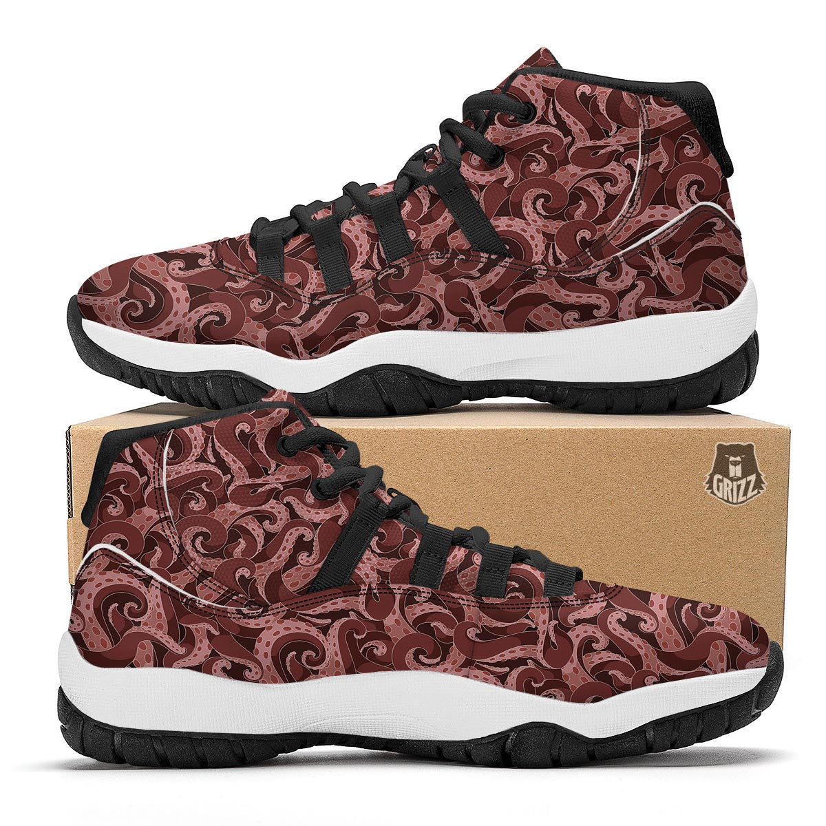 Octopus Squid Tentacle Pattern Print Black Bball Shoes-grizzshop