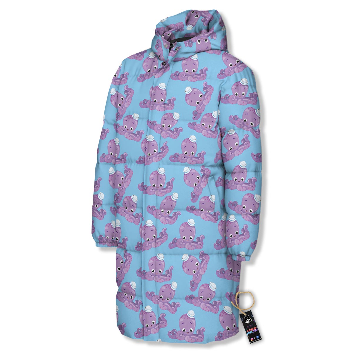 Octopus Teal And Purple Print Pattern Long Down Jacket-grizzshop