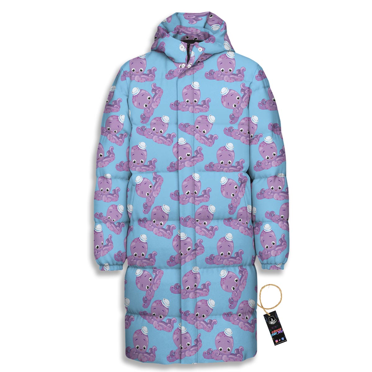 Octopus Teal And Purple Print Pattern Long Down Jacket-grizzshop