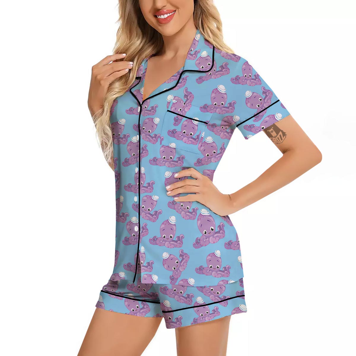 Octopus Teal And Purple Print Pattern Women Silk Pajamas-grizzshop