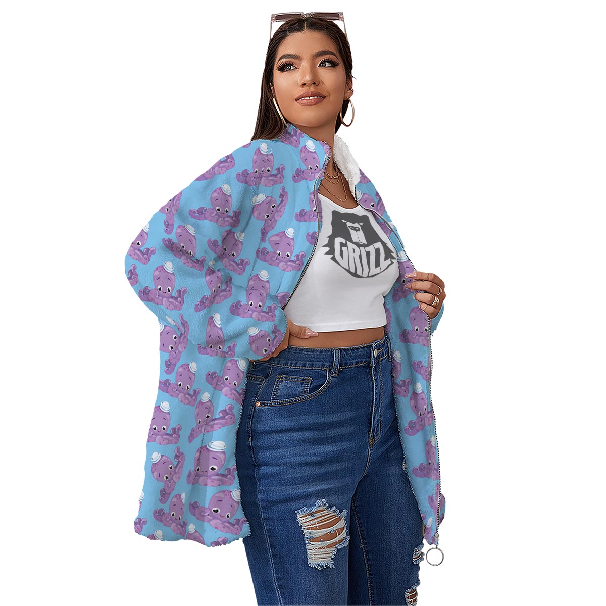Octopus Teal And Purple Print Pattern Women's Sherpa Jacket-grizzshop