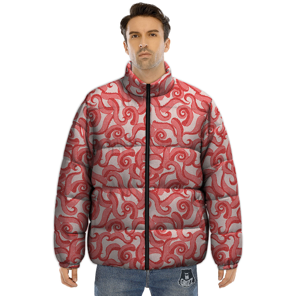 Octopus Tentacles Pink Print Pattern Puffer Jacket-grizzshop