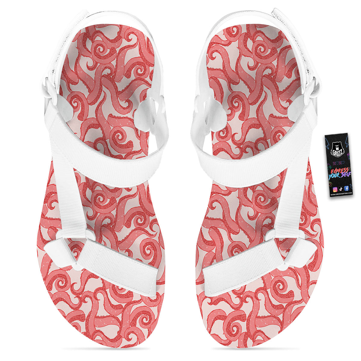 Octopus Tentacles Pink Print Pattern White Open Toe Sandals-grizzshop