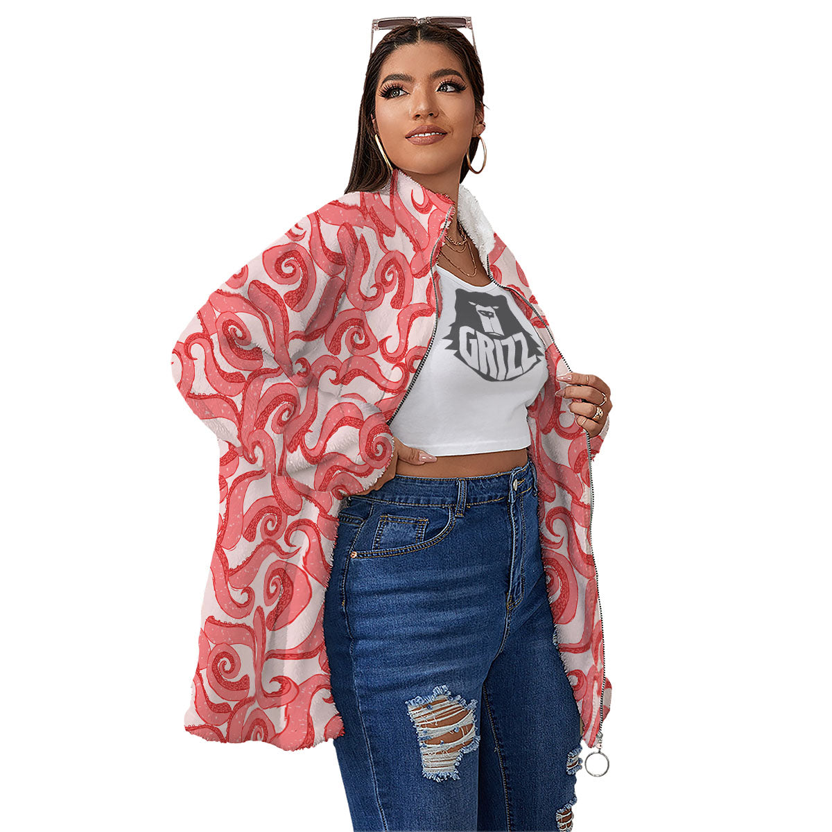 Octopus Tentacles Pink Print Pattern Women's Sherpa Jacket-grizzshop