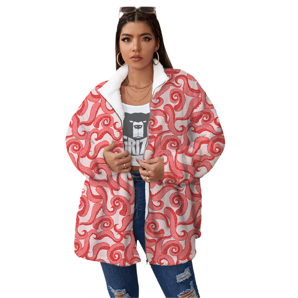 Octopus Tentacles Pink Print Pattern Women's Sherpa Jacket-grizzshop