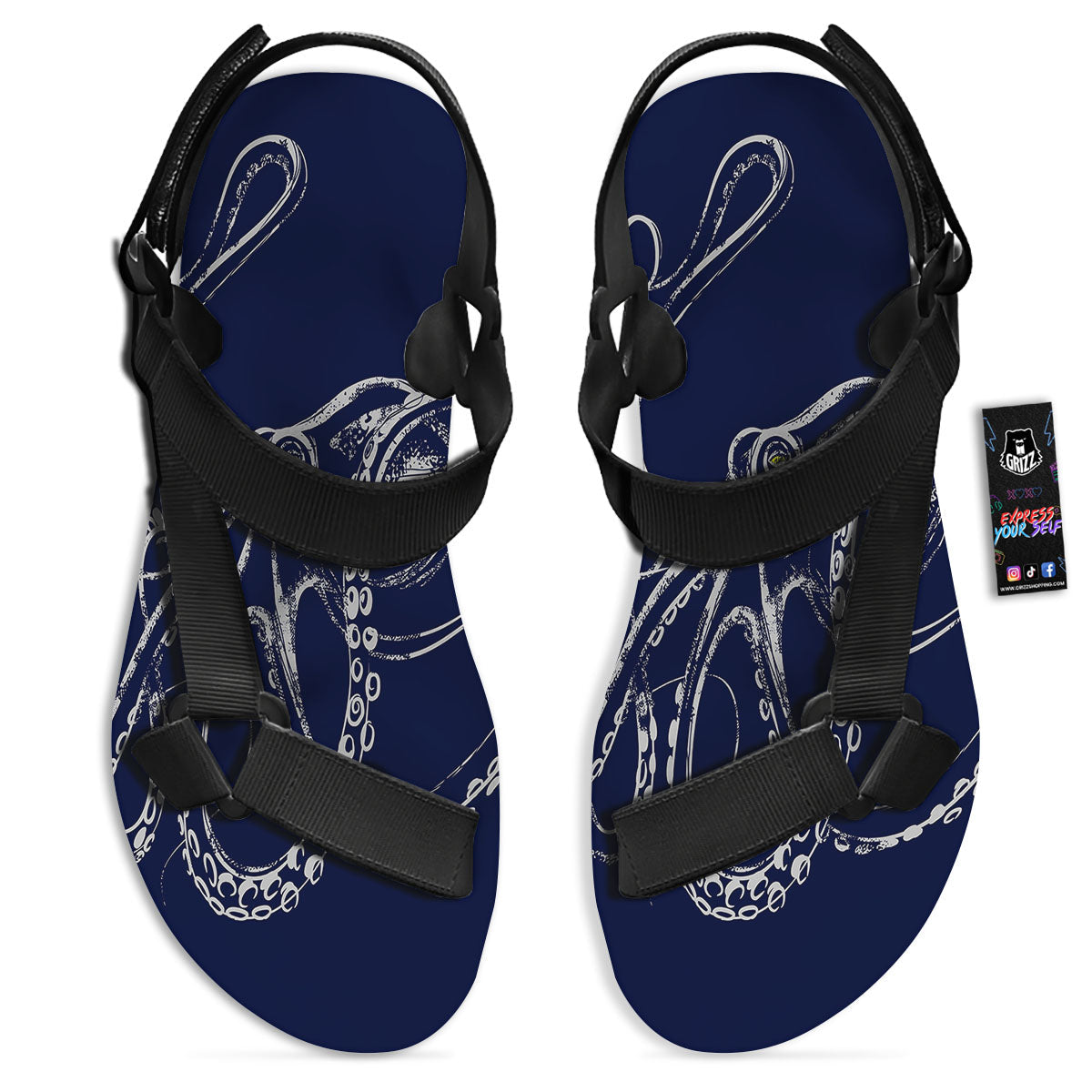 Octopus Tentacles Print Black Open Toe Sandals-grizzshop