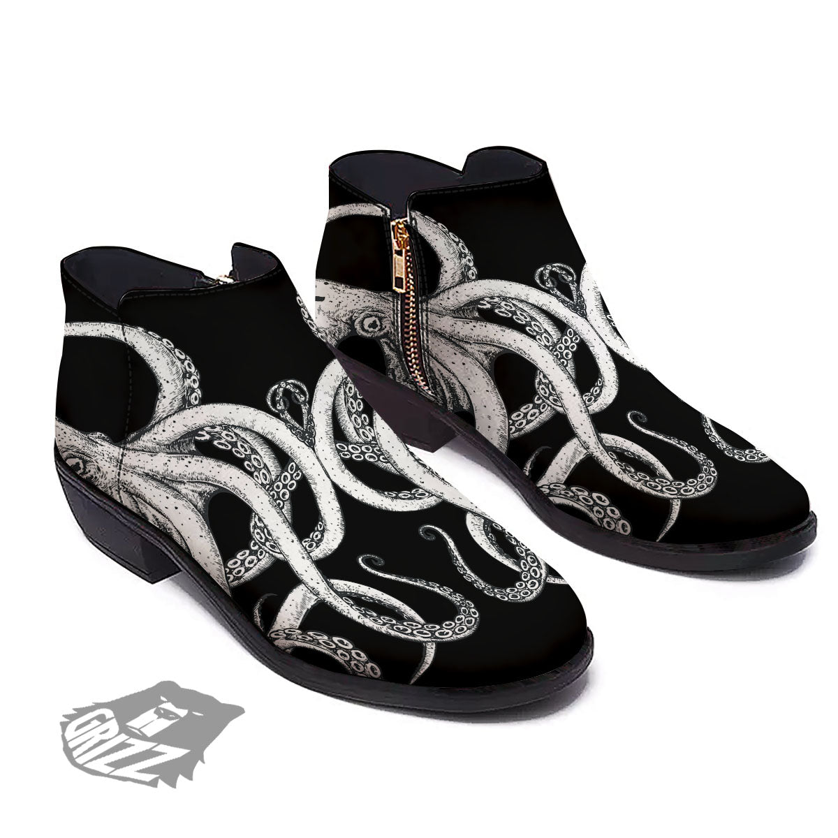 Octopus Tentacles White And Black Print Ankle Boots-grizzshop