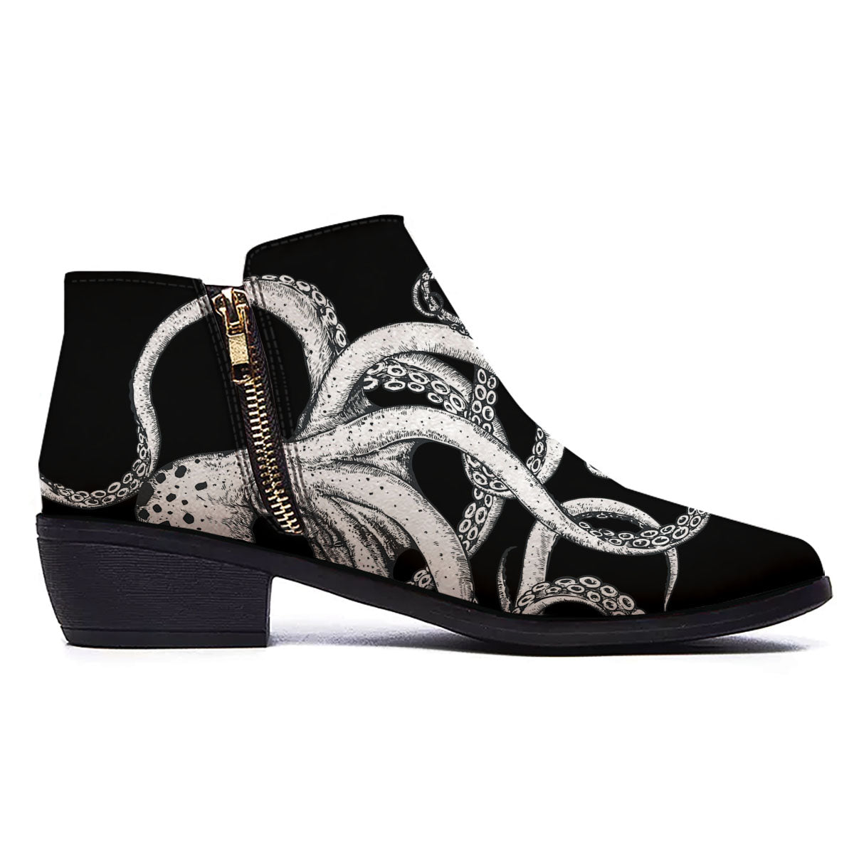 Octopus Tentacles White And Black Print Ankle Boots-grizzshop