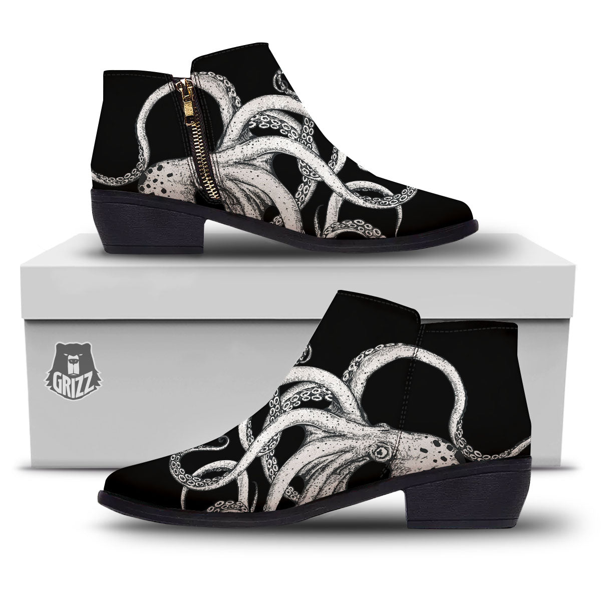 Octopus Tentacles White And Black Print Ankle Boots-grizzshop