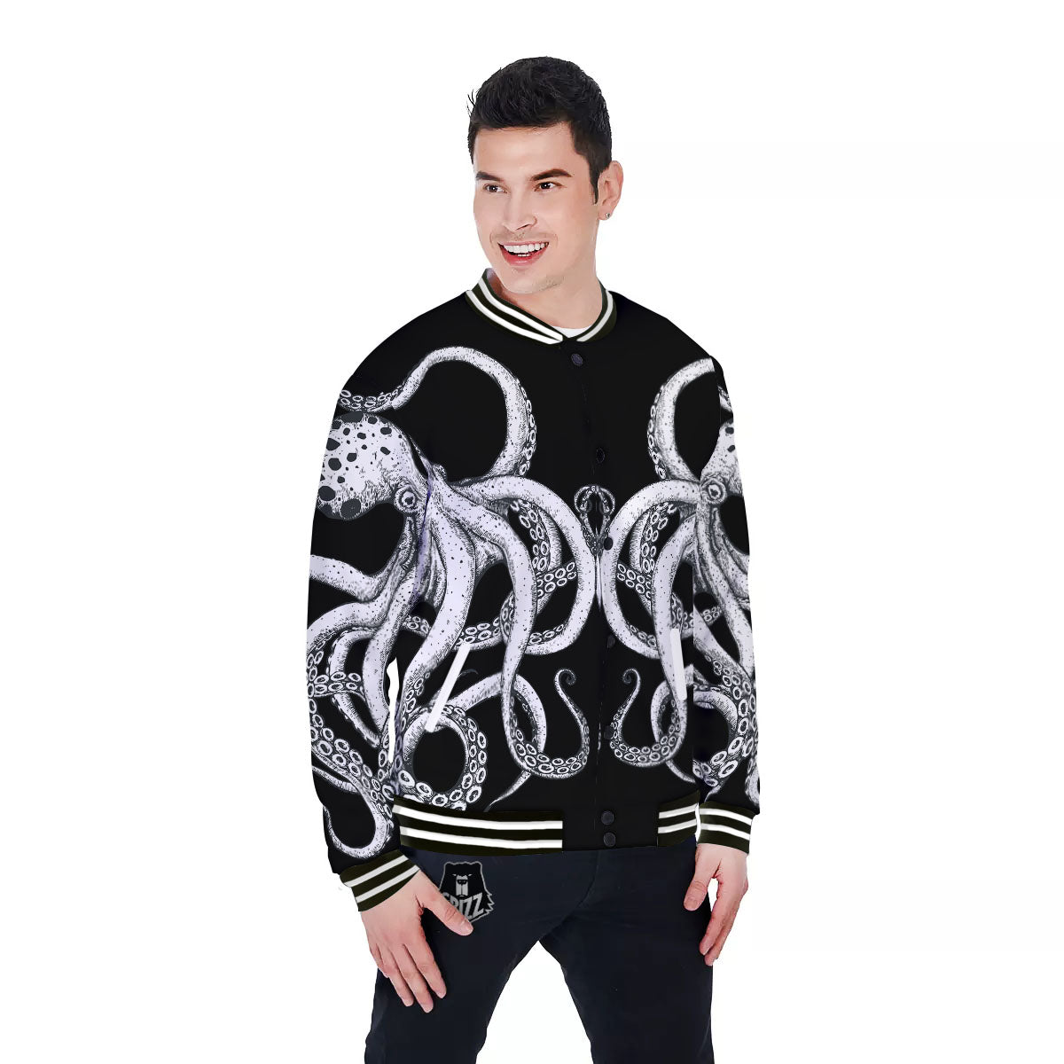 Octopus Tentacles White And Black Print Baseball Jacket-grizzshop