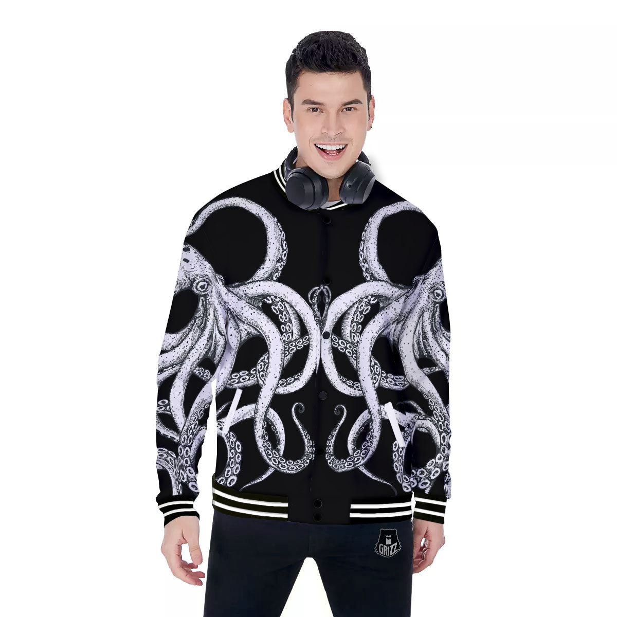 Octopus Tentacles White And Black Print Baseball Jacket-grizzshop