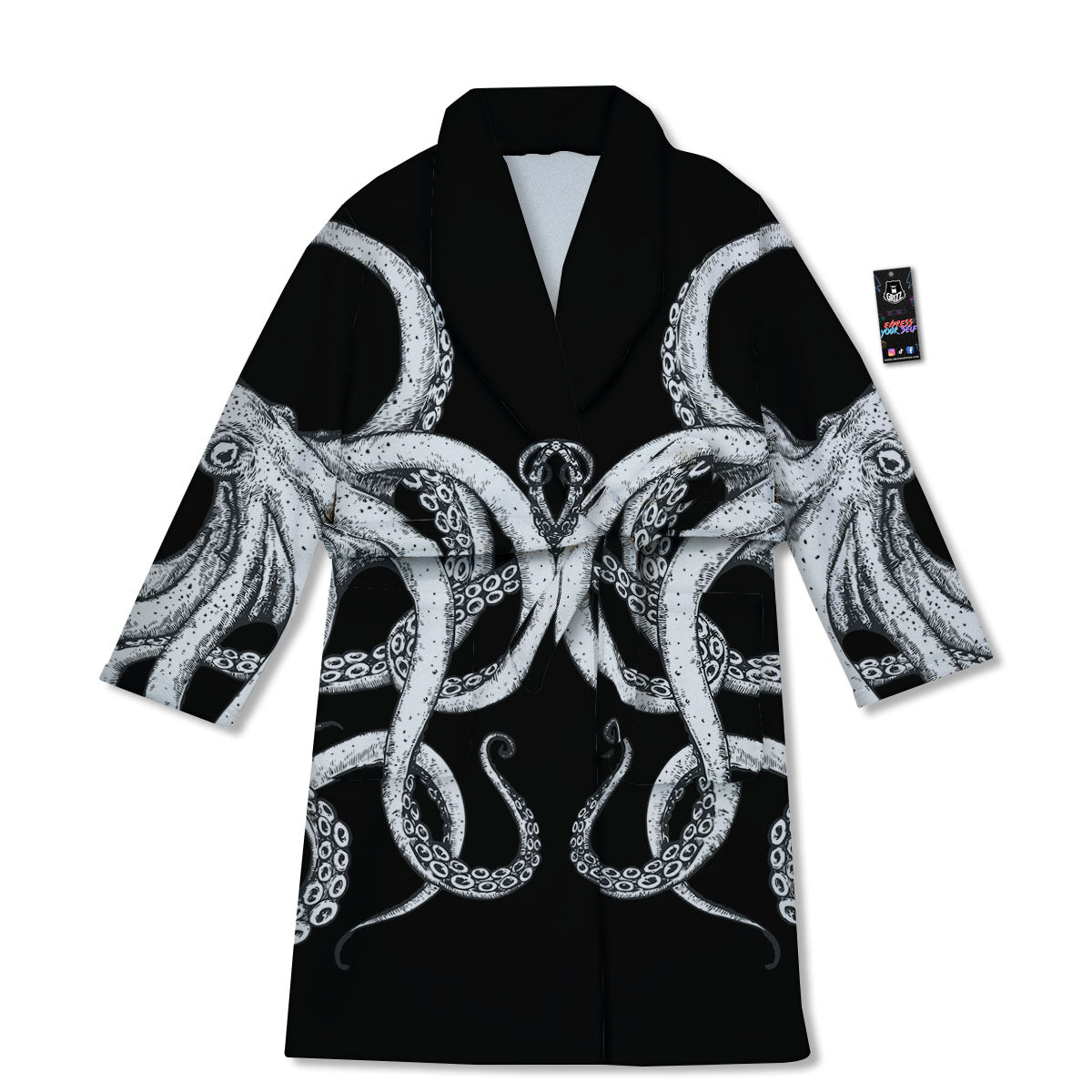 Octopus Tentacles White And Black Print Bathrobe-grizzshop